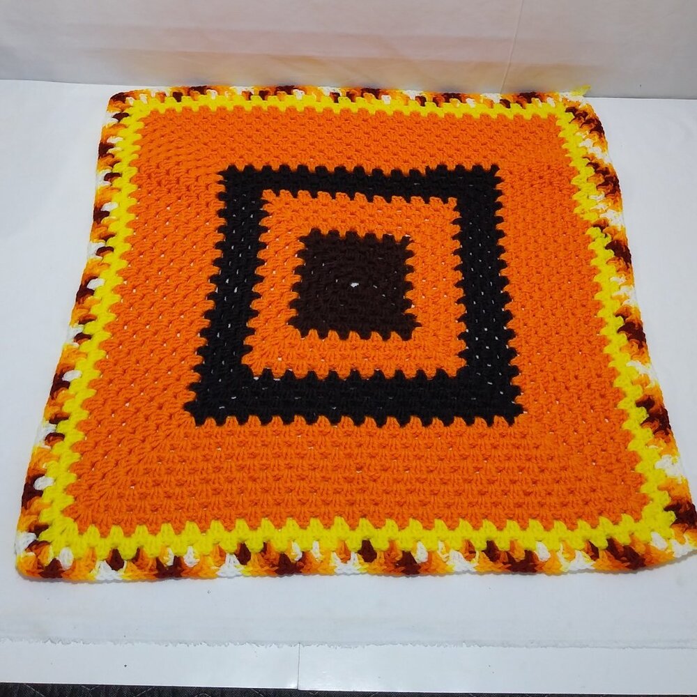 Handmade Crochet Granny Square Afghan Orange & Black Crotchet Throw Blanket